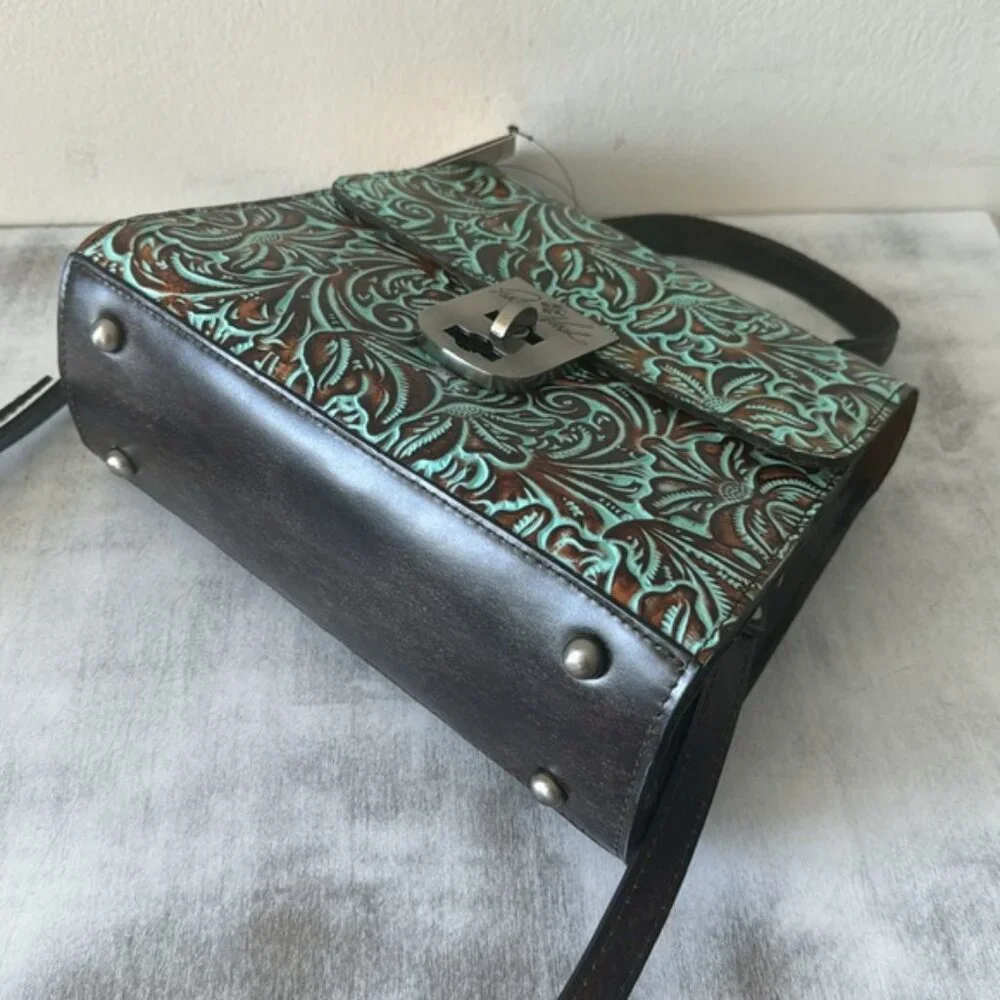 Patricia Nash Leather Tooled Chauny Turquoise Handbag Crossbody Top Handbag